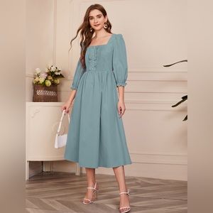 SHEIN Modely Square Neck Eyelet Embroidered Frill Trim Pleated Front Dress